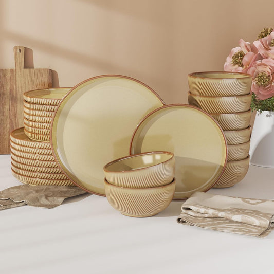 Earthsong Dinnerware Sets for 8, 24-Piece Ceramic Plates and Bowls Set, Dishwasher and Microwave Safe Stoneware Dishes Set, Ribbed, Caramel Dusk