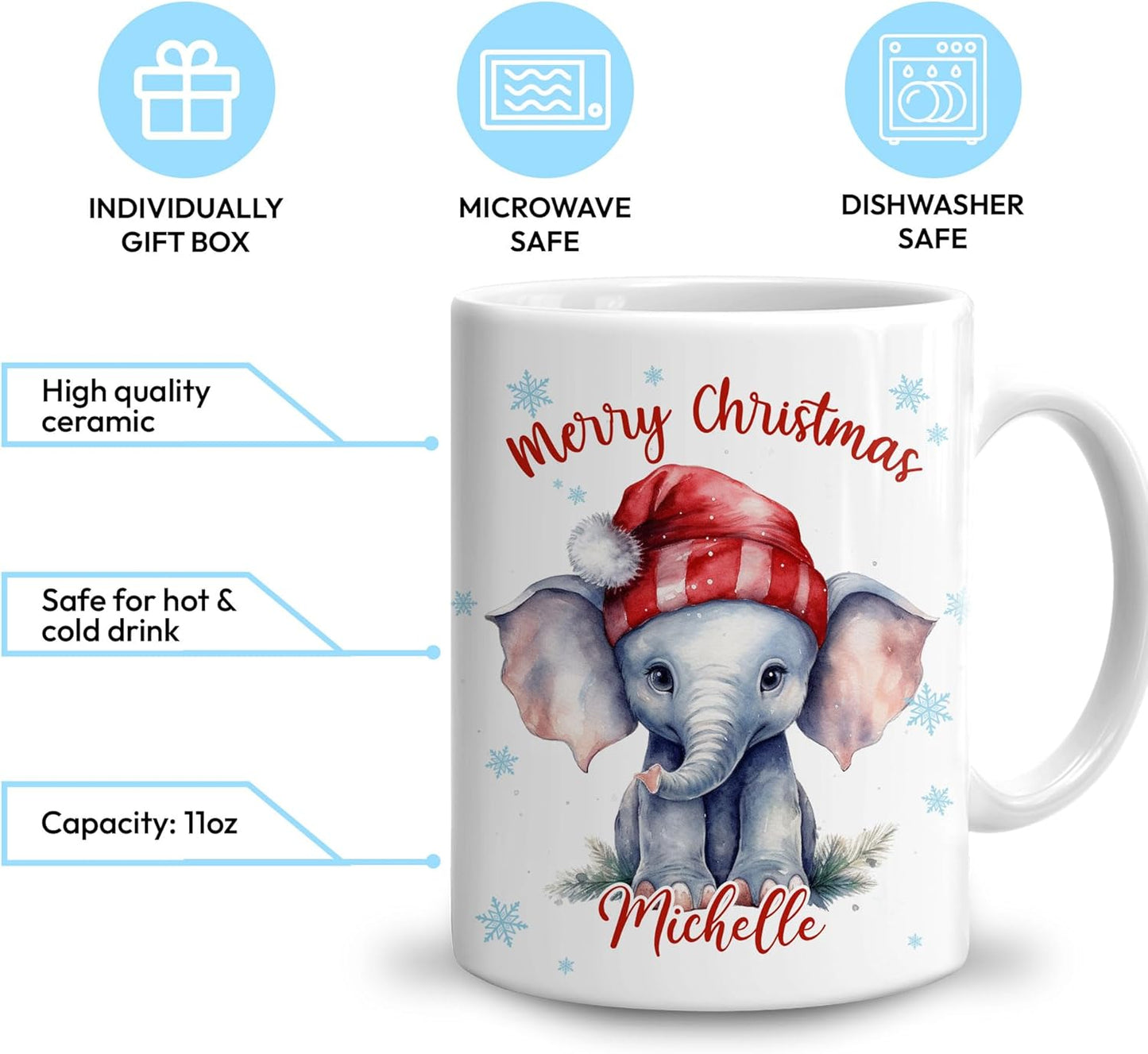 Hyturtle Personalized Gifts Elephant Lover - Elephant Wearing Santa Hat Custom Name Ceramic Coffee Mug Cup 11oz - Cute Animal Lovers Gifts For Women, Girl kids Family On Birthday, Christmas