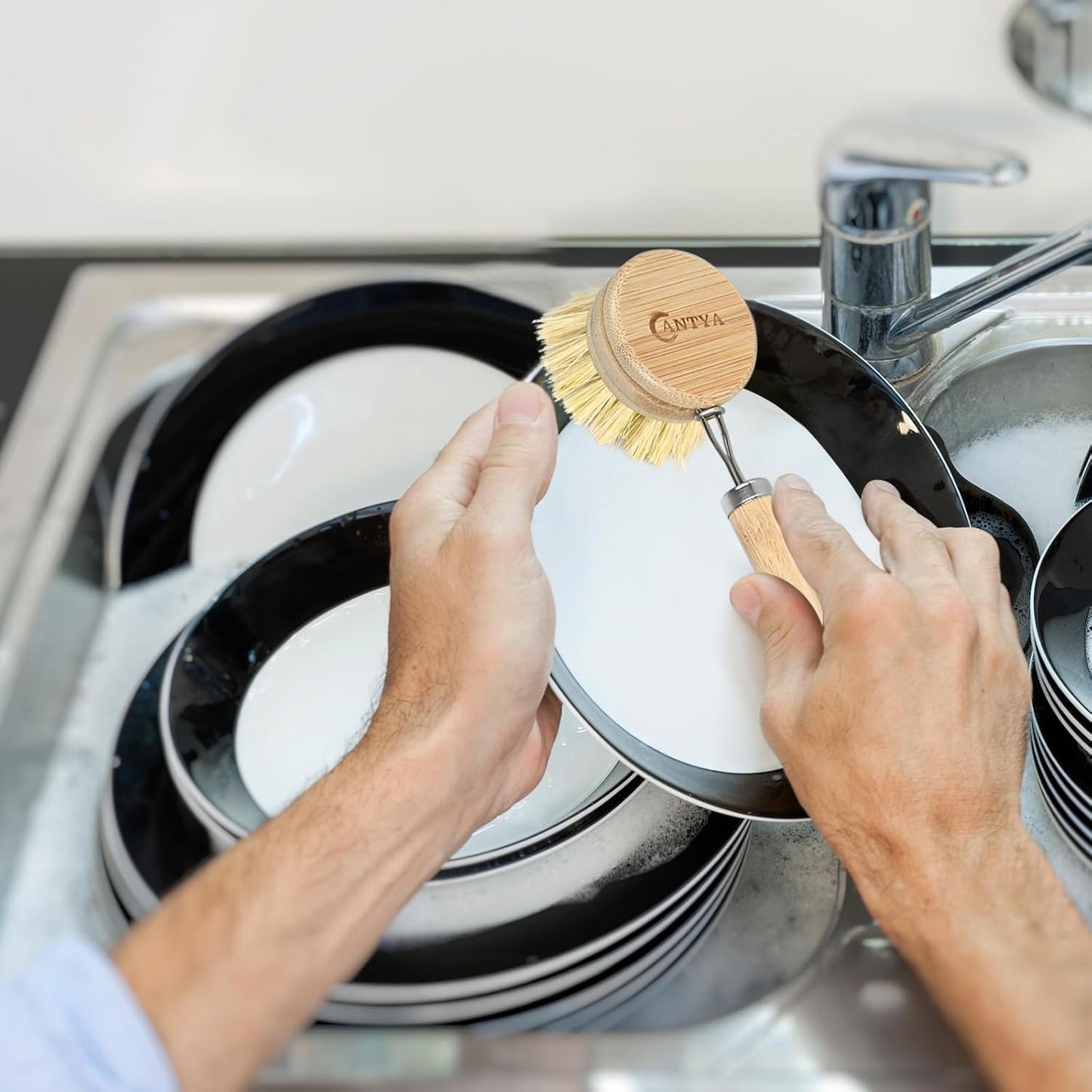 Bamboo Dish Brush with Handle - 4 Replacement Heads, Non Toxic Dish Scrubber Compostable & Sustainable, Scrub Brush for Cleaning Kitchen Utensils(Soft Bristles)