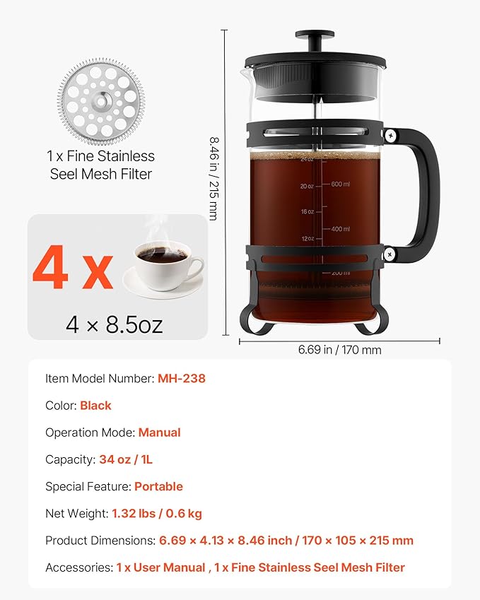 VEVOR French Press Coffee Maker, 34 Ounce 1 Liter Borosilicate Glass Coffee Press Tea Maker with Stainless Steel Filter, Large Glass French Presses Cold Brew for Camping Travel Home Kitchen, Black