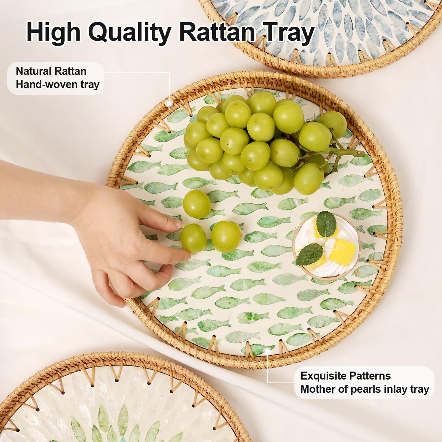 Round Rattan Tray with Mother of Pearl Inlay, Rattan Serving Tray for Coffee, Bread, Fruits, Decorative Wicker Tray for Table Decor, Home Decor, Kitchen Island Decor (Round Green Fish, 11.8")