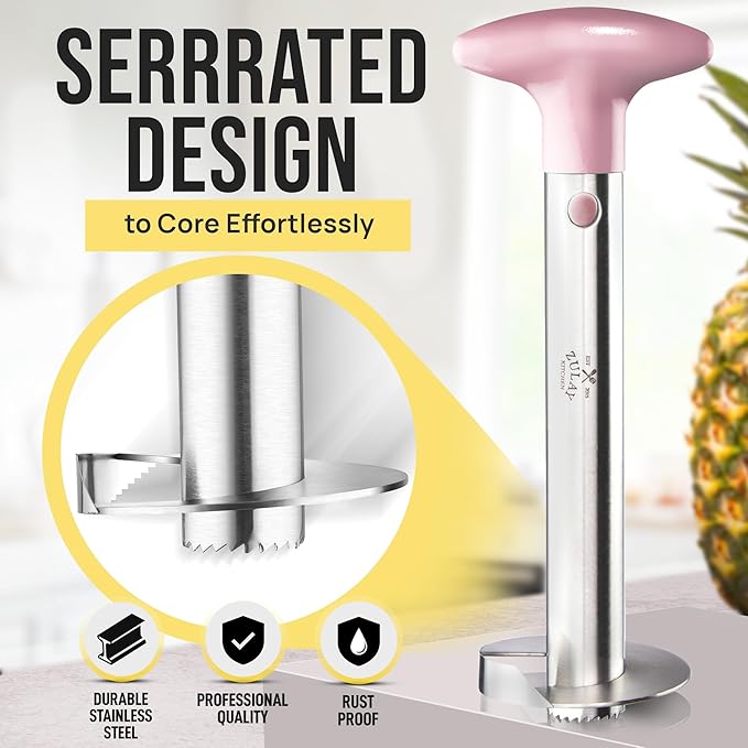 Zulay Kitchen Stainless Steel Pineapple Corer & Slicer + Eye Removal Tool – Heavy Duty Pineapple Cutter with Reinforced Blade – Effortless Pineapple Core Remover & Slicer - Pink