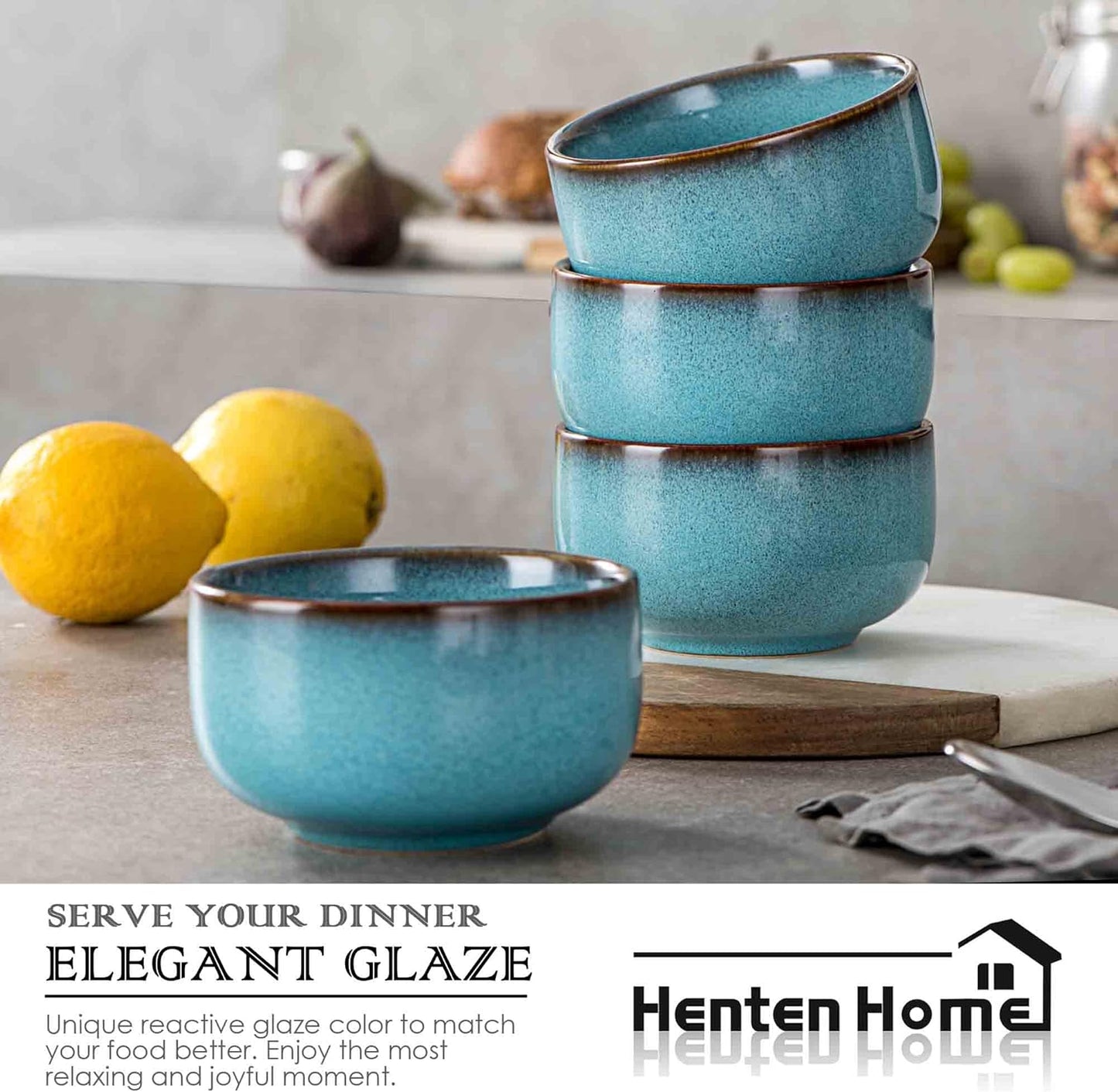 Henten Home Ceramic Cereal Bowl Set, 26 OZ Noodle Bowls Set of 4, Porcelain Salad Bowls for Kitchen, Reactive Glaze Serving Soup Bowls for Ramen, Oatmeal, Microwave Safe (Aqua)