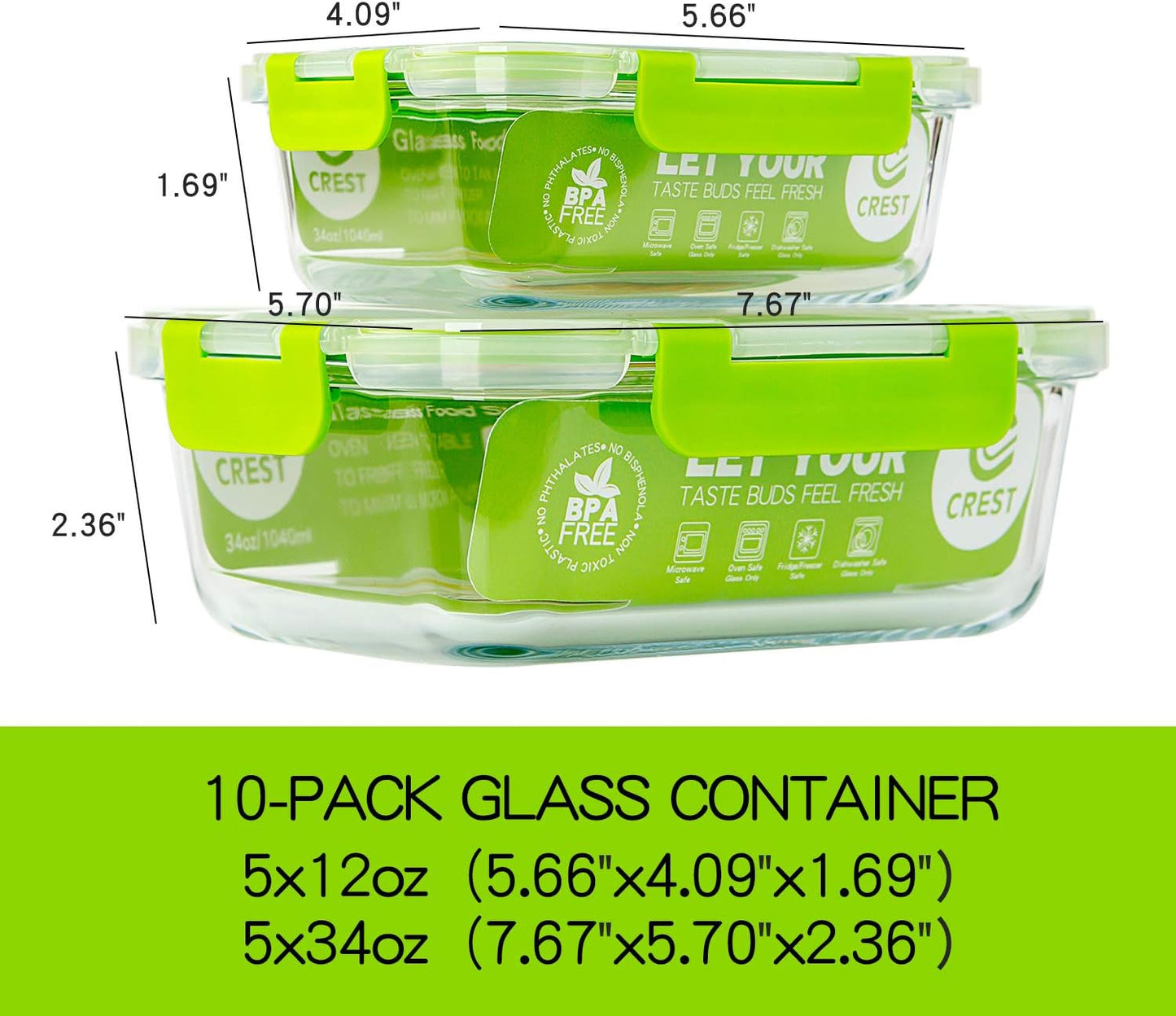 C CREST Glass Containers for Food Storage with Lids, [10-Pack] Meal Prep Containers for Kitchen, Home Use, BPA Free