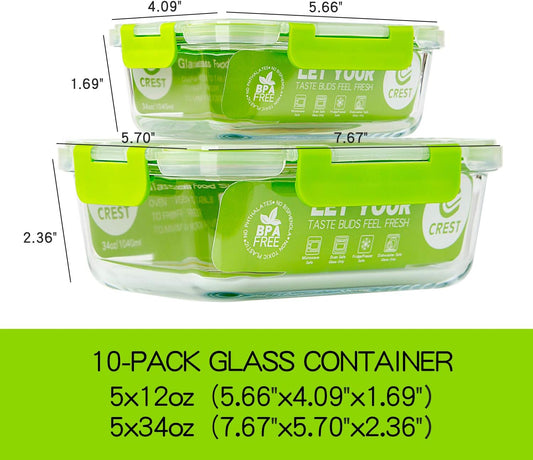 C CREST Glass Containers for Food Storage with Lids, [10-Pack] Meal Prep Containers for Kitchen, Home Use, BPA Free