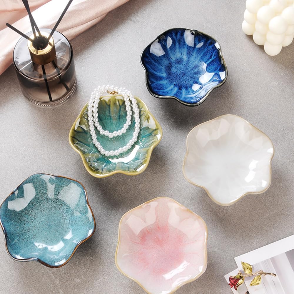 2PCS Lotus Leaf Shape Ring Holder Dish, Small Key Bowl, Ceramic Trinket Tray Jewelry Dish Organizing Necklace Earrings for Mom Friend Sister, All Jewelries Are NOT Included. Blue+Pink.…