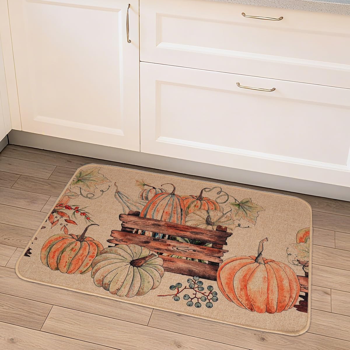 Larponder Fall Pumpkin Kitchen Mats, Non-Slip Absorbent Rug and Door Mats, Home Decor Kitchen Floor Rugs for Autumn Harvest Thanksgiving Holiday - 17x24 Inch