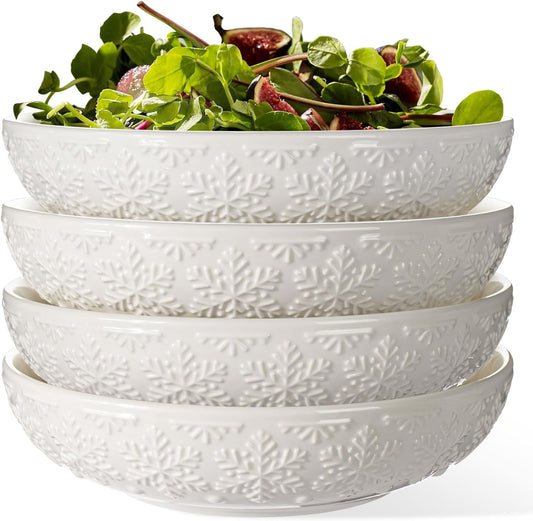 Pasta Bowls, 32oz Salad Bowls Set of 4, White Ceramic Soup Bowls 8 Inch Embossment Large Serving Bowl Wide and Shallow Bowls for Kitchen, Microwave & Dishwasher Safe (Snowflake)