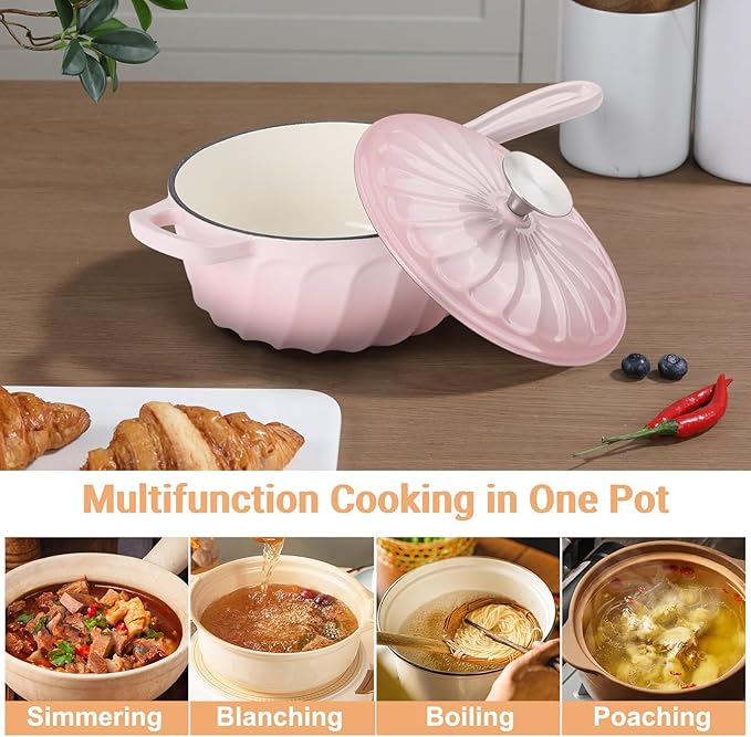 Enameled Cast Iron Sauce Pan, 2 Quart Enameled Saucepan with Lid, Mini Dutch Oven Enamel Saucepan for Cooking Pasta Sauce, Gravy, Puddings, Marinate, Boiling (Gradient Pink)