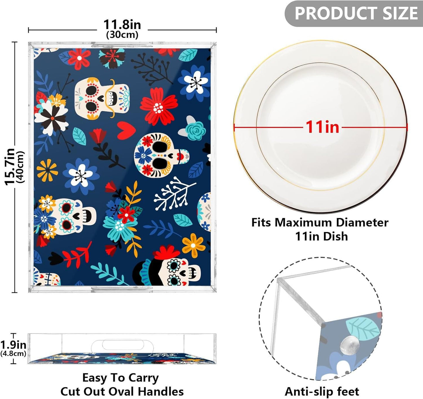 Acrylic Serving Tray with Handles Spill Proof Kitchen Storage Tray Clear Decorative Tray Makeup Drawer Organizer Storage Tray for Bathroom Living Room Ottoman 15.7x11.8Inches