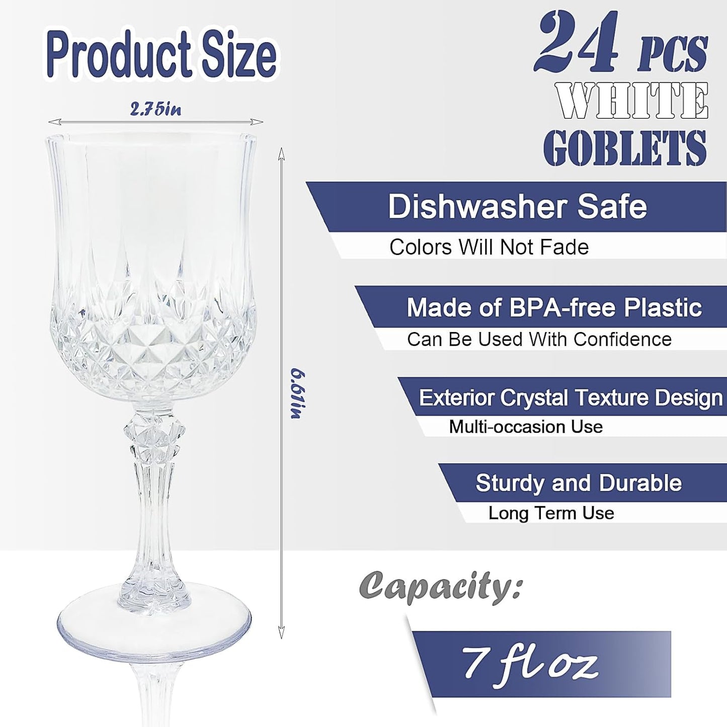 24 PCS Plastic Wine Glasses Clear,Reusable Plastic Wine Glasses,White Goblet Glass,Durable and Sturdy Cups Can Be Ssed for Various Parties Such as Weddings!