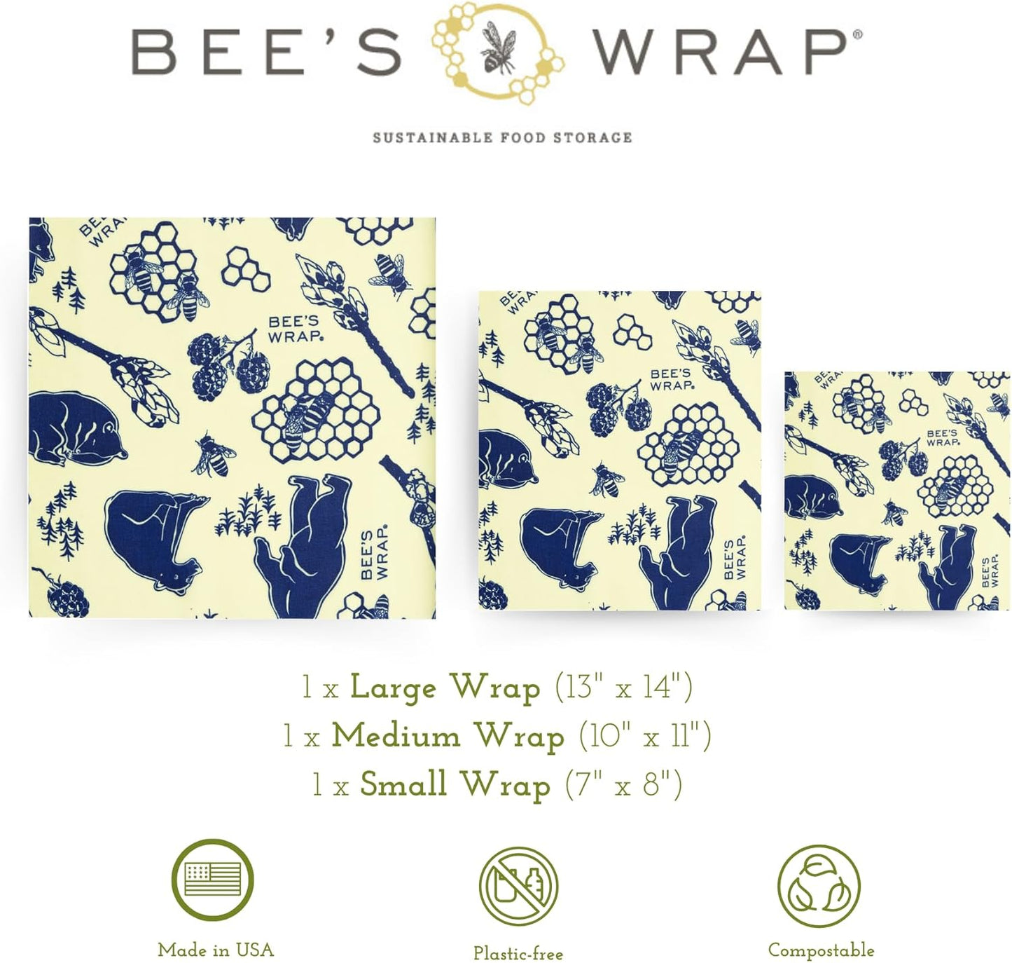 Bee's Wrap Beeswax Wraps for Food - Made in USA Reusable & Organic Food Wraps, Sandwich Wrap & Bowl Covers - Eco-Friendly Alternative to Aluminum Foil & Plastic Wrap, Bee's + Bears 3 Pack (S, M, L)