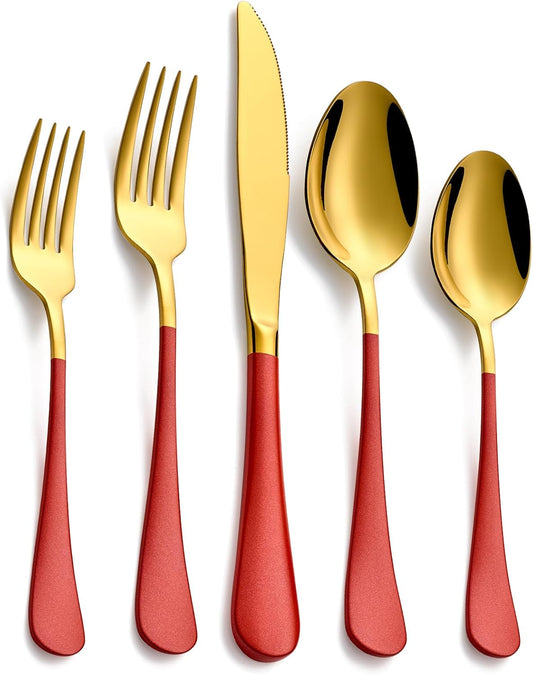 20-Piece Red & Gold Silverware Set, 18/0 Stainless Steel Colorful Handle Flatware Set,Service for 4,Modern Cutlery Set Includes Dinner Knives Forks Spoons,Mirror Polished,Dishwasher Safe