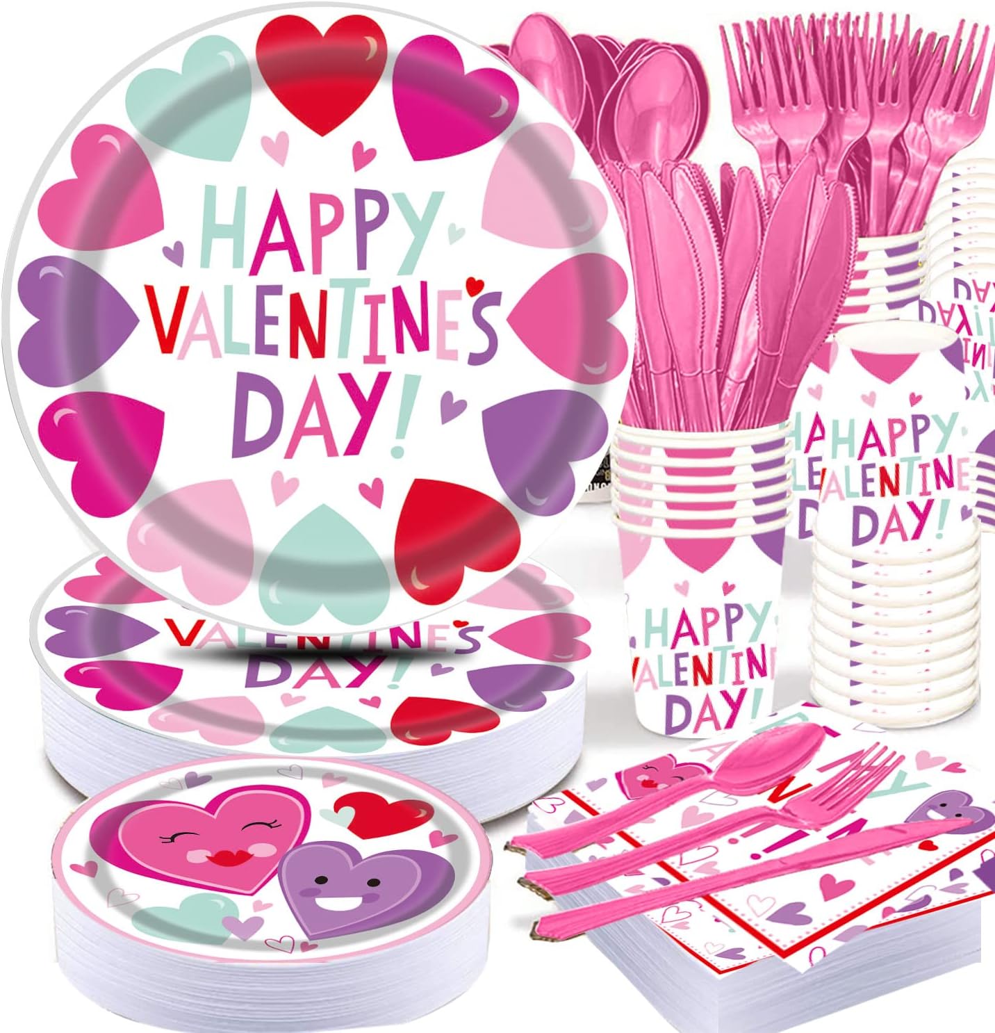 Valentines Day Heart Tableware for Kids, 25 Set Disposable Dinnerware Set - Paper Plates Napkins Cups, tablecloths Pink Plastic Forks Knives Spoons for kids school party