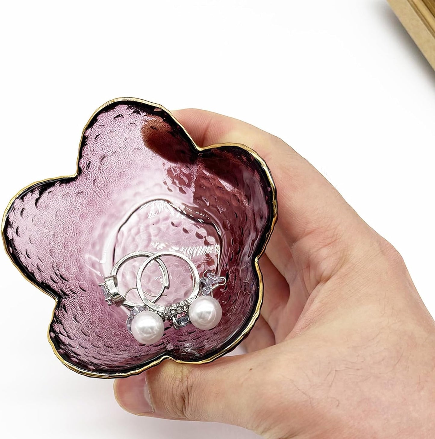 Purple Glass Jewelry Dish Tray, Birthday Gifts for Mom, Crystal Ring Holder for Women, Small Flower Ring Dish Jewlery Plate, Engagement Trinket Jewelry Tray, Nightstand Decor Jewerly Bowl