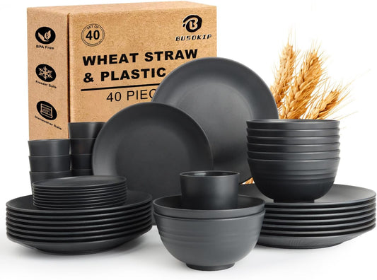 Wheat Straw Dinnerware Sets 40 PCS- Unbreakable Dishes Set for 8, Dishwasher and Microwave Safe Plates and Bowls Sets, Reusable Plastic Plates, Bowls, Drinking Cups for Camping, Party - Black