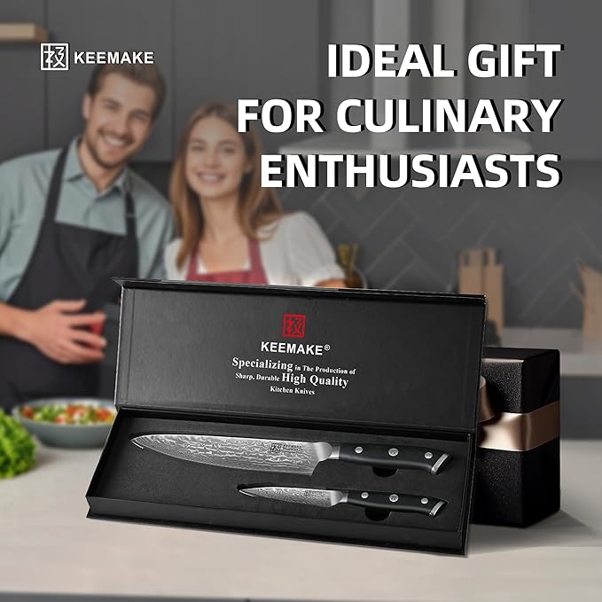 KEEMAKE Damascus Kitchen Knife Set 2 PCS, Ultra Sharp 67 Layer Damascus Steel Chef Knife and Paring Knife, Knives Set for Kitchen with G10 Non-slip Handle for Meat Vegetable Fruit