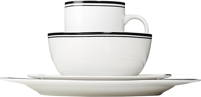 Amazon Basics 16-Piece Cafe Stripe Kitchen Dinnerware Set, Plates, Bowls, Mugs, Service for 4, Black