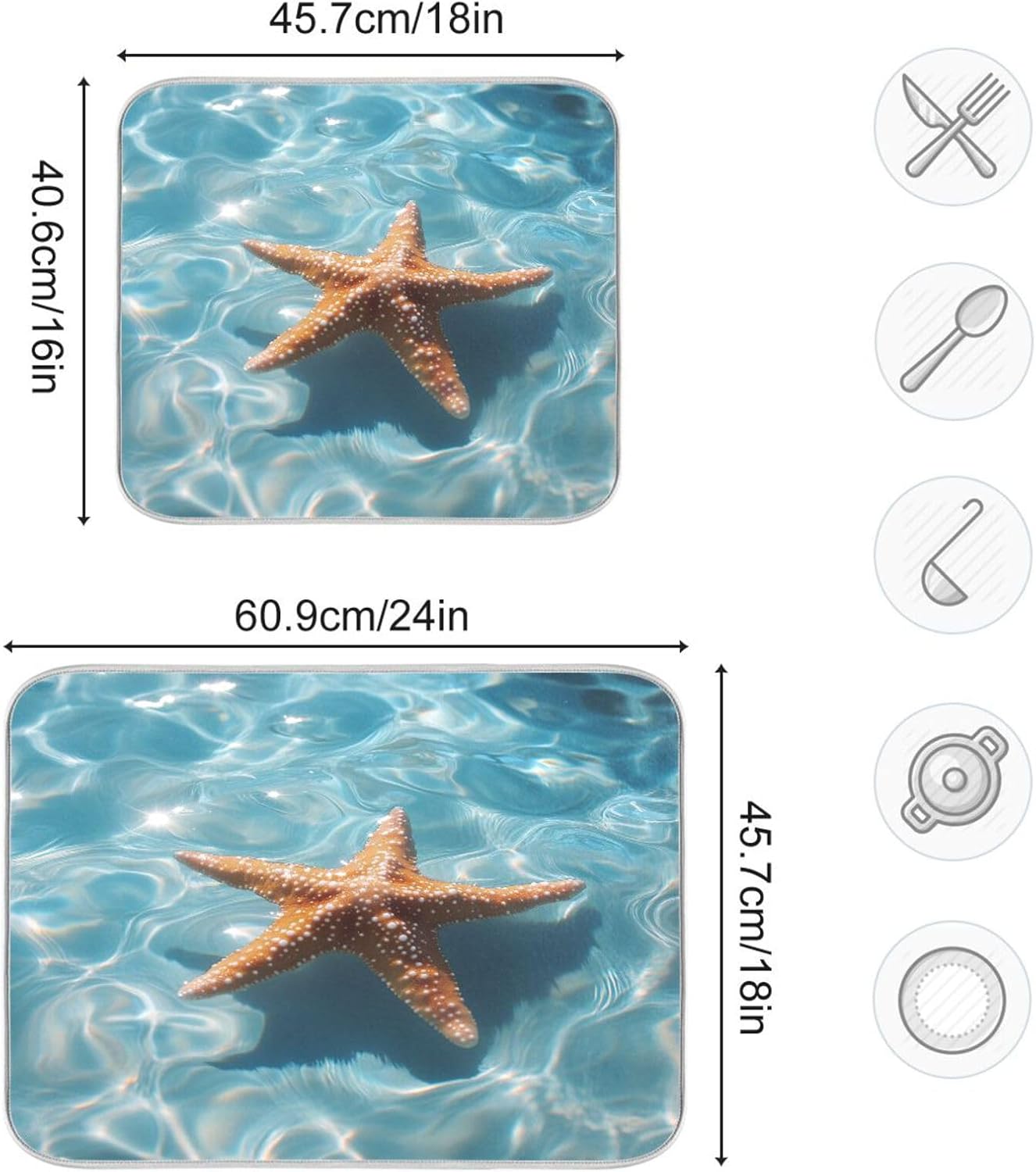Starfish Floating Dish Drying Mat for Kitchen Counter Super Absorbent Dishes Pad Reversible Microfiber Protector Dish Draining Mats 16x18 inch