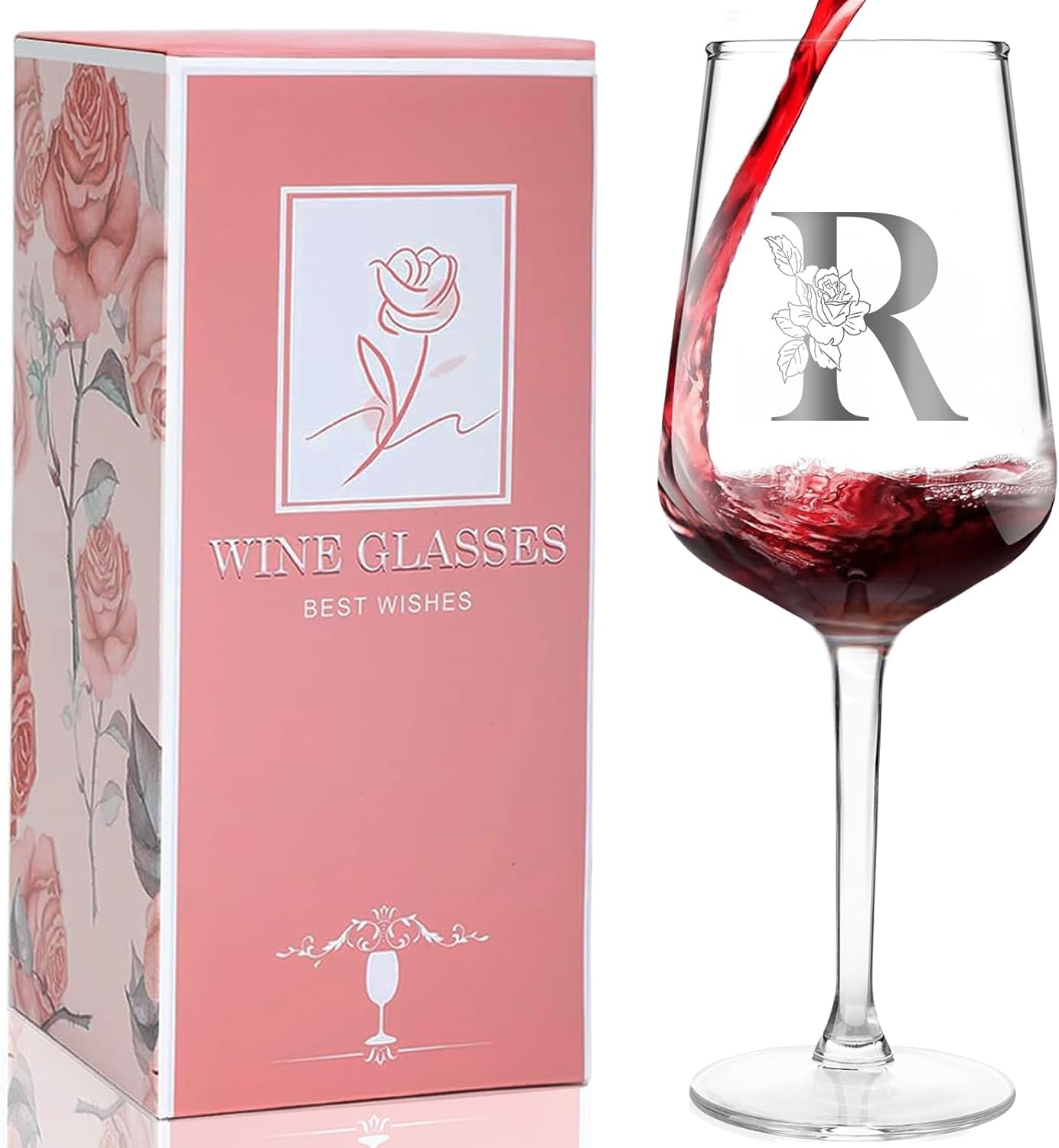 Personalized Wine Glass Gifts for Women, Monogrammed A-Z Wine Glass with Gift Box & Greeting Card, Customized Wine Glasses Initial Wine Glasses Gift for Birthday, Mothers Day, Best Friend, Sister (R)