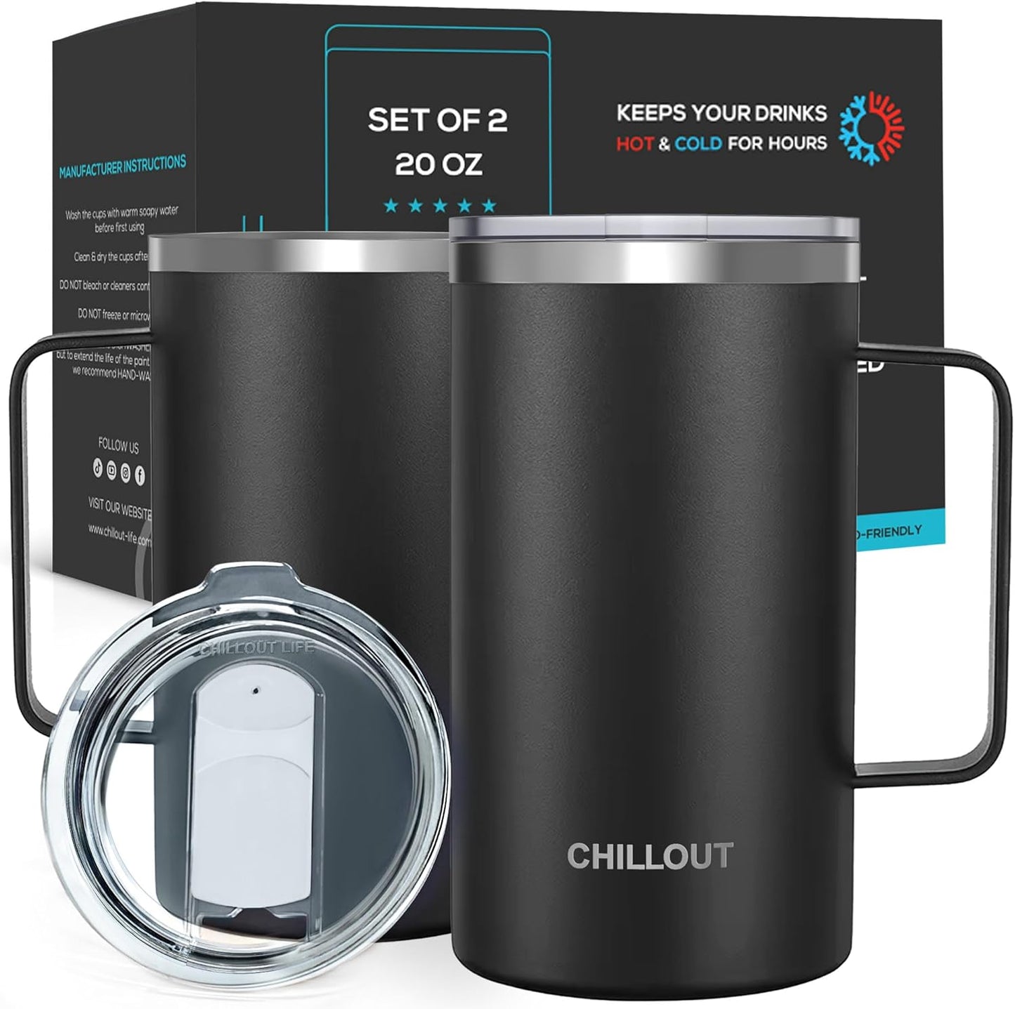 CHILLOUT LIFE Stainless Steel Vacuum Insulated Coffee Mug 16 oz (Set of 2) with Handle and Lid, Large Thermal Camping Coffee Mugs with Sliding Lid for Men & Women, Keeps Your Beverages Hot & Cold