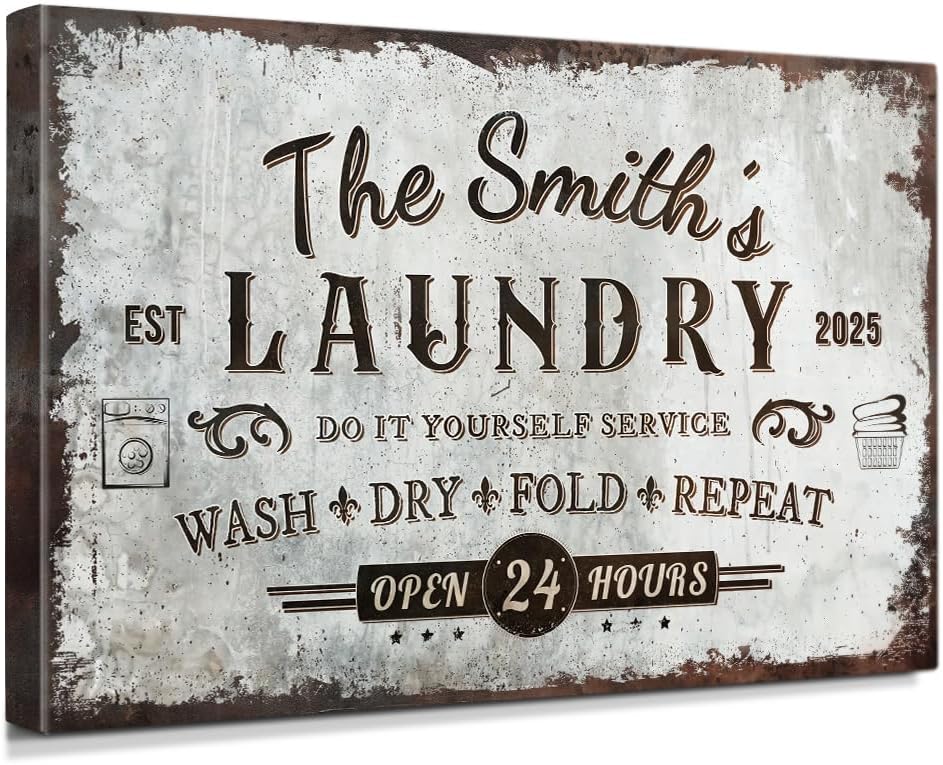 IPIC - Personalized Laundry Room Sign, Large Custom Canvas Wall Art with Family Name, Rustic Farmhouse Style Decor Gift for Home or Business, Made in USA