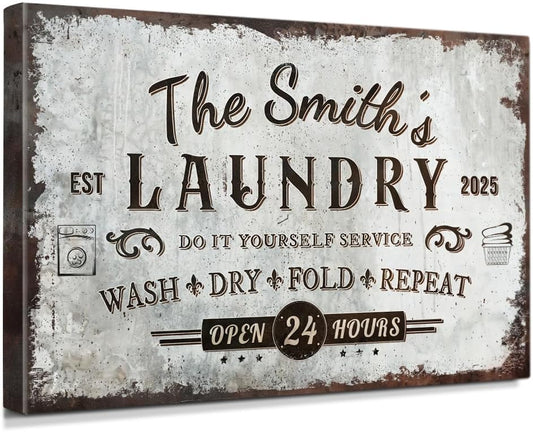 IPIC - Personalized Laundry Room Sign, Large Custom Canvas Wall Art with Family Name, Rustic Farmhouse Style Decor Gift for Home or Business, Made in USA