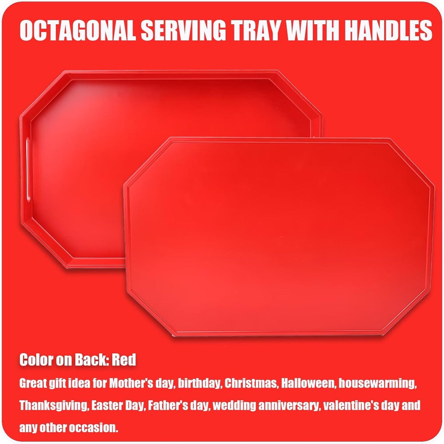 Red Octagonal Serving Tray with Handles for Coffee Table, Plastic Decorative Tray for Ottoman, Kitchen Counter, Living Room, Outdoor Lacquer Tray for Entertaining