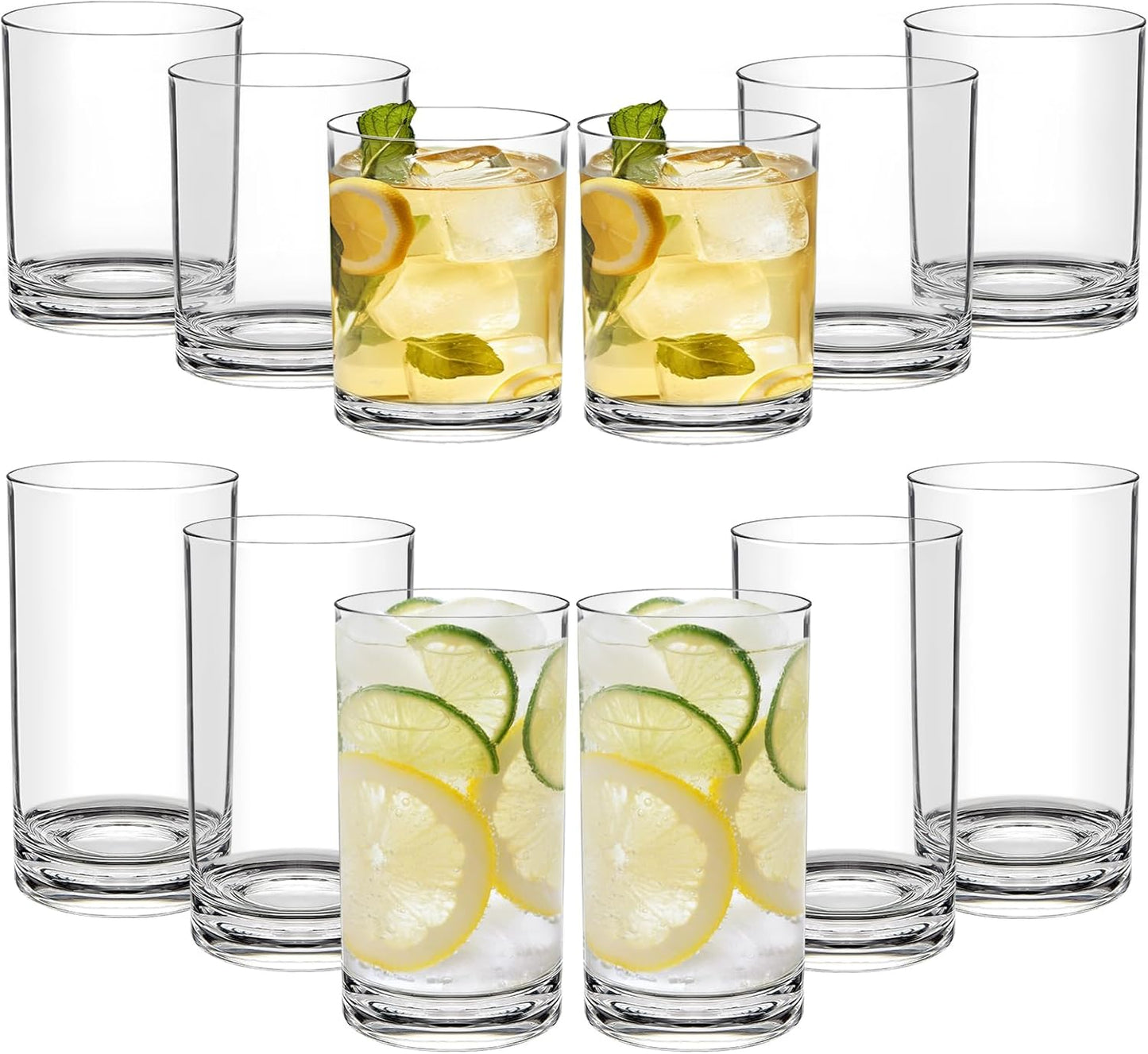 Plastic Cups Reusable Plastic Drinking Glasses Set of 12 - Unbreakable Plastic Tumblers - Acrylic Glasses Drinkware - BPA-Free Dishwasher-Safe - Highball Lowball Mixed Set - 6 Each 12 OZ/17 OZ