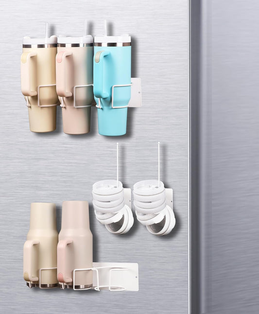 Magnetic Tumbler Holder for Stanley, Magnetic Cup Organizer for Refrigerator, Compatible with Stanley 30oz & 40oz Tumblers, Water Bottle Magnetic Rack (White, 6 Tumblers& 2 Lid Holder)