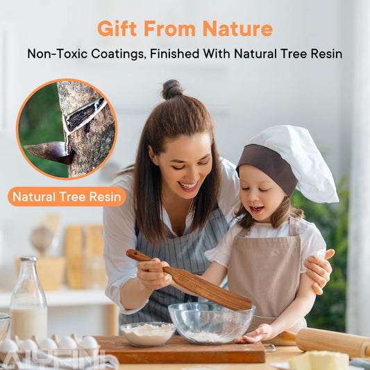 Non-Toxic Wooden Utensils for Cooking - Natural Acacia & Glue-Free,15.4" Large Spatula Set, Long Handle for Scald-Resistant, Wood Kitchen Spoons/Chopsticks/Holder, for Non Stick Frying Pans by ALYFINI