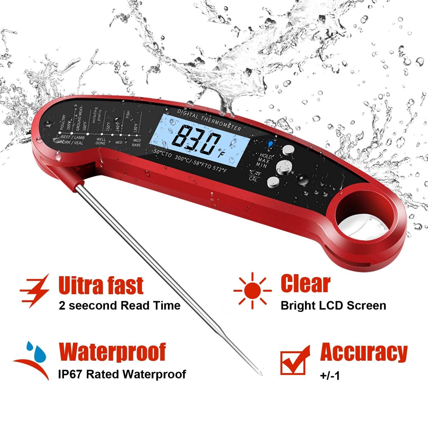 Meat Thermometer Digital for Grill Instant Read Meat Thermometer Waterproof Kitchen Gadgets Essentials Magnetic Probe Thermometer with Backlight and Display