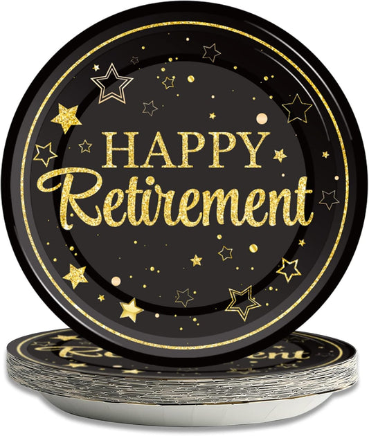 48 Pcs Retirement Paper Plates Happy Retirement Party Supplies Disposable Dessert Plates Decorations Black and Gold Plates Tableware for Men Women
