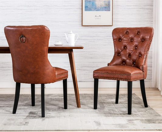 Brown Leather Dining Chairs Set of 6 Mid Century Modern Tufted Chairs Armless Rubber Wood Vintage Furniture Chairs Upholstered Nailhead PU Side Chairs with Pull Ring for Kitchen/Cafe Decor