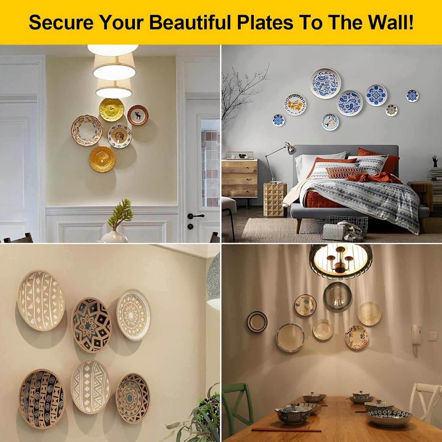 6 Pieces Plate Hangers for the Wall – Vertical Plate Hangers, Adjustable Sizes (6", 8", 10"), Invisible Design, Plate Wall Hangers for Display, Plate Holders for Displaying, Picture Hanging Kit