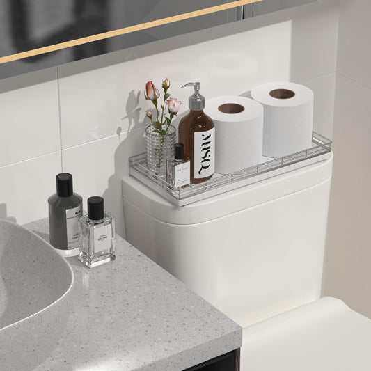 Oak Bathroom Toilet Tank Tray, 13" Wood Back of Toilet Paper Basket Tank Topper Storage, Vanity Tray for Perfume Makeup Candle Toiletry Organizer for Kitchen Coffee Table Silver Tray Decor