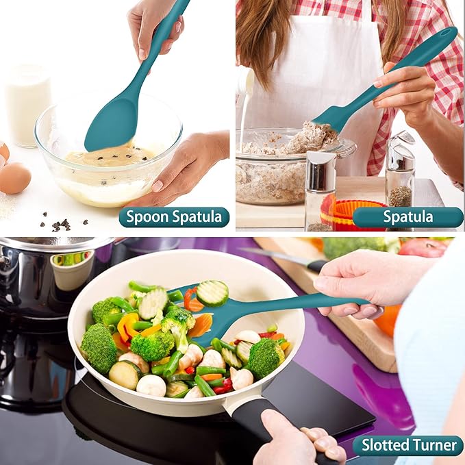 P&P CHEF Silicone Cooking Utensils Set of 7, Heat-proof Kitchen Utensils Set for Nonstick Cookware, Non-stick Spatula, Slotted Turner, Soup Ladle, Pasta Server, Spoon for Cooking Serving - Blue