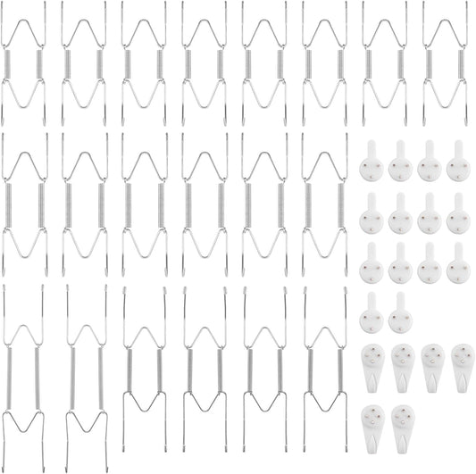 Bilillo 20 Pieces Stainless Steel Spring Plate Hangers for The Wall, 4/6/8/10 Inch Invisible Wire Holders with 20 Pcs Wall Hooks, Fit 4-11 Inch Decorative Plates, Platters & Dishes (Silver)