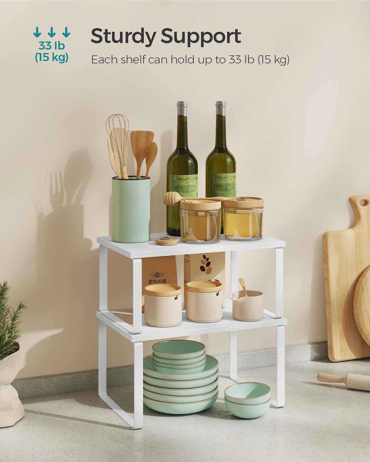 SONGMICS Cabinet Organizer Shelf, Set of 4 Kitchen Counter Shelves, Kitchen Storage, Spice Rack, Stackable, Expandable, Metal and Engineered Wood, Cloud White and Snow White UKCS027W01