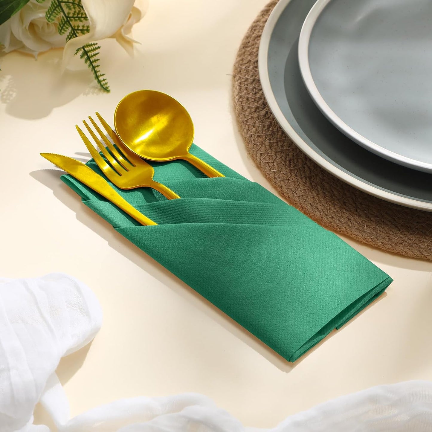 Qilery 50 Pcs Paper Linen Napkins Disposable Airlaid Paper Prefolded Dinner Napkins with Built in Flatware Pocket for Silverware Valentine Wedding Party Christmas Day (Lake Green)