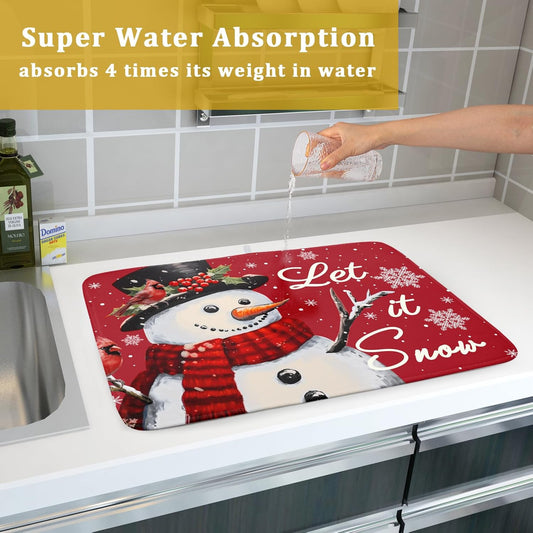 Christmas Snowman Dish Drying Mats for Kitchen Counter 18×24 Inch Snowflake Let It Snow Large Microfiber Drying Mat Kitchen Accessories Dish Rack Mat Drainer Pad Washable Absorbent