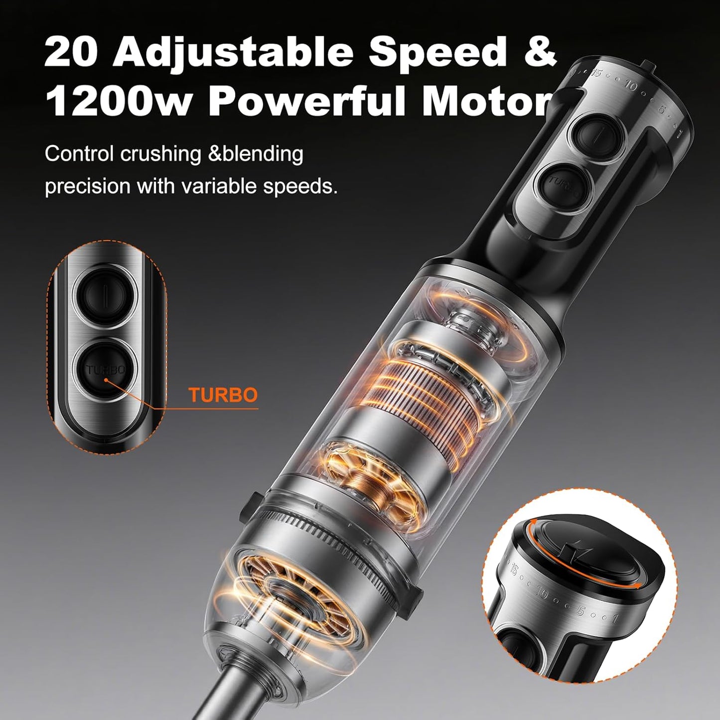 Immersion Blender, PRASKY 1200W 20 Speeds Electric Handheld Portable Stick Mixer, 5-in-1 Hand Blender Stainless Steel with Turbo Mode,Chopper, Whisk, Milk Frother for Soup, Smoothies,Puree, Baby Food