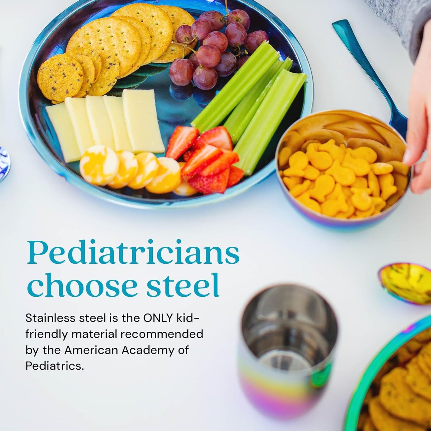 Ahimsa Stainless Steel Plates for Kids - 9" Round Blue Toddler Plates, Non Toxic Plate, BPA Free & Dishwasher Safe (Set of 4)