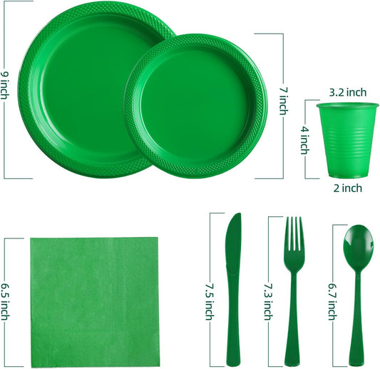 Green Party Supplies,Green Disposable Plates,Including Green Plastic Plates and Napkins, Plastic Cutlery and 12OZ Cups for Engagement Wedding Birthday Christmas Party,Serve 25 Guests