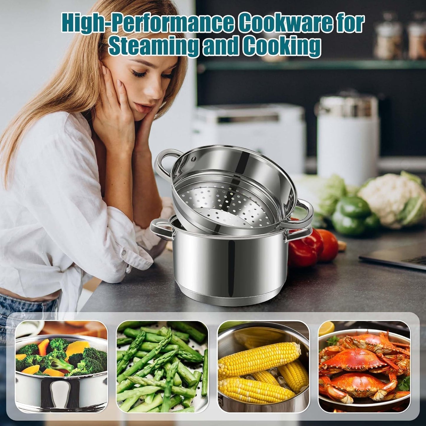6 QT Stainless Steel Cookware Set, 3-Piece Multipurpose Stock Pot with Steamer Pot and Tempered Glass Lid, Stainless Steel Handle, Work with Gas Electric Induction Stove