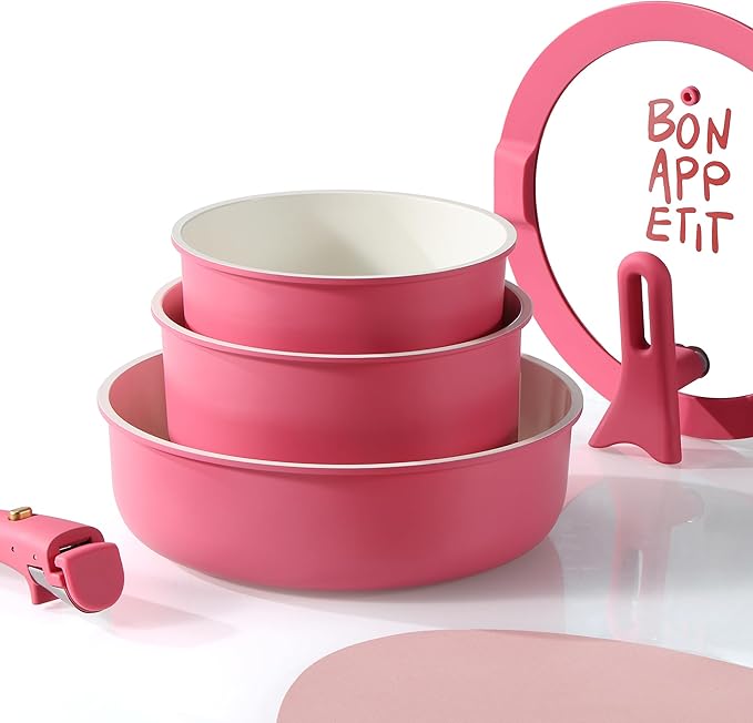 CAROTE 18Pcs Pots and Pans Set Non Stick, Nonstick Ceramic Cookware Set with Detachable Handle, Non Toxic Kitchen Cooking Sets, PFOA Free, Oven Safe, Stackable Induction Ready, Pink