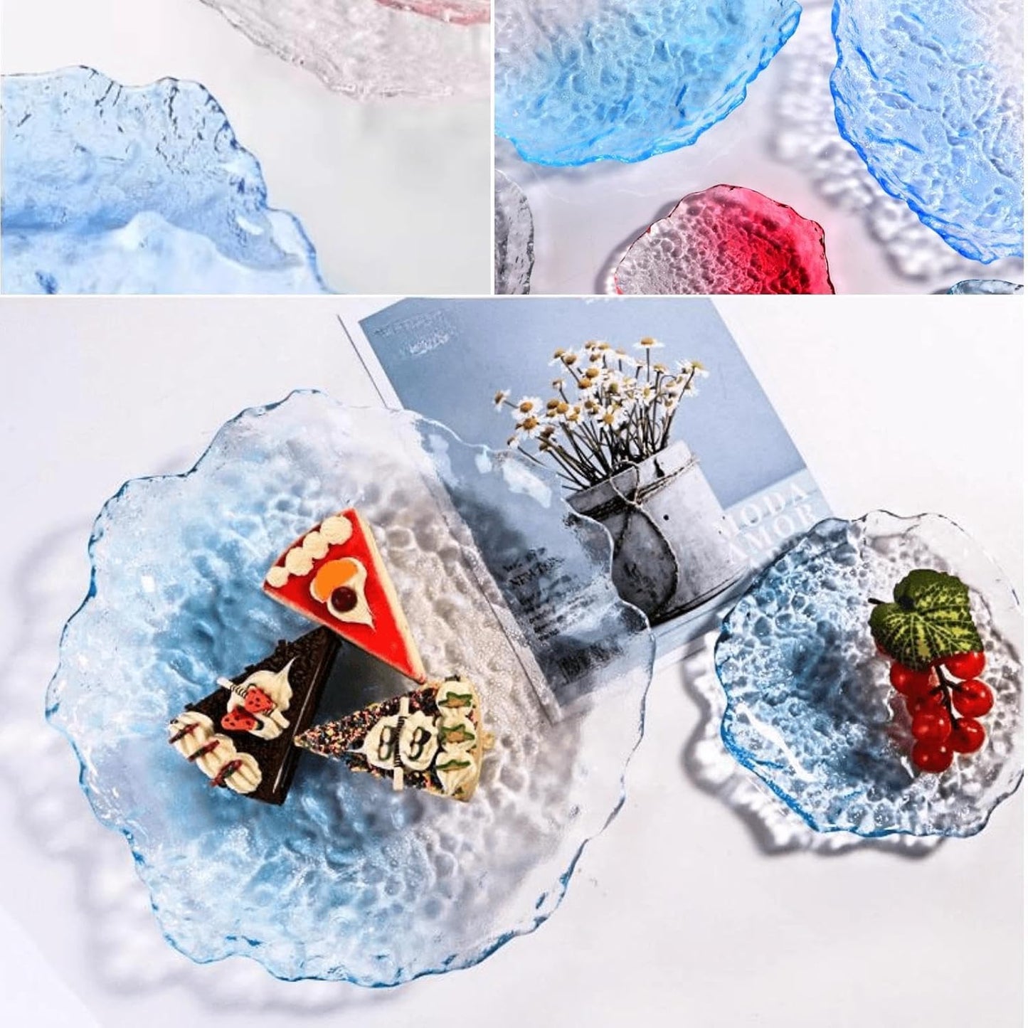 Colorful Glass Dessert Plates, Crystal Clear Snack Fruit Candy Cake Plate, Irregularity Shape Plates for Appetizer, Ice Cream, Salad, Small Serving Dishes (blue, 5.7inch 2pcs)