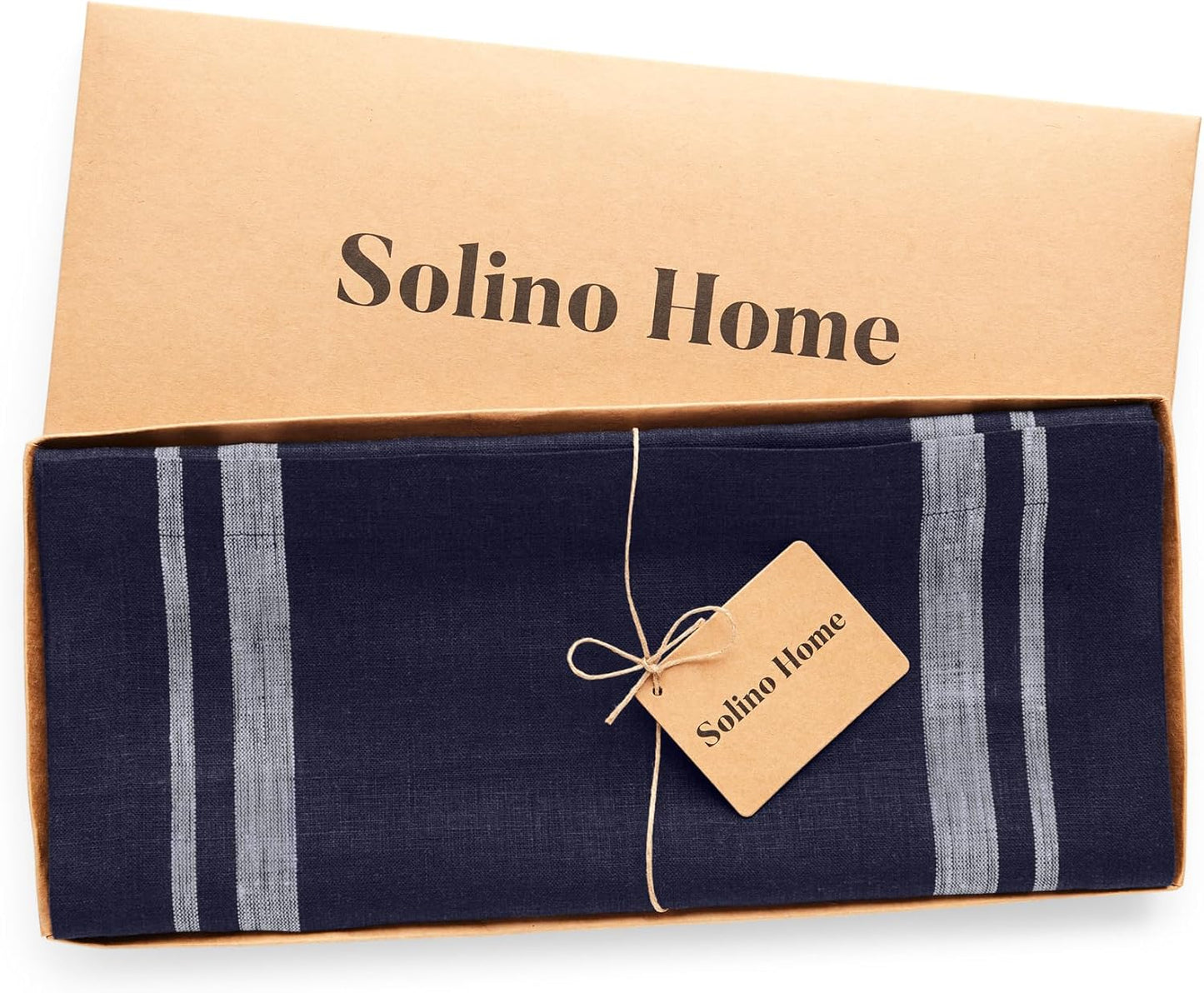 Solino Home Linen Table Runner 72 Inches Long - 100% Pure Linen White and Navy French Stripe Table Runner 14 x 72 Inch for Dining, Dresser, Christmas, Holiday