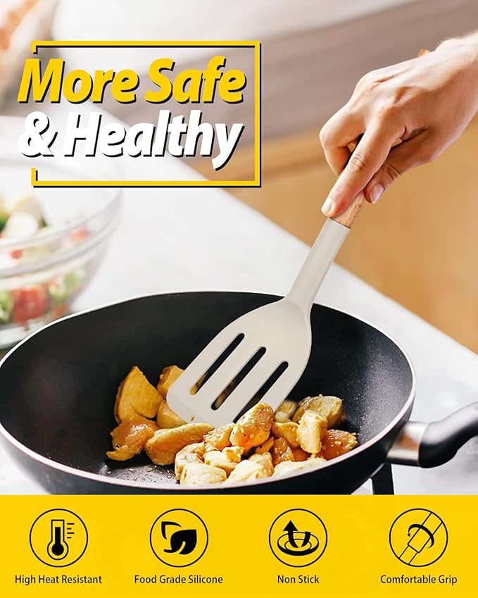 Pack of 2 Silicone Cooking Spatula, Heat Resistant Solid Turner, Non Stick Slotted Spatulas with Wooden Short Handle,Ideal Wood Kitchen Utensils Set for Frying, Baking, Flipping, Turning