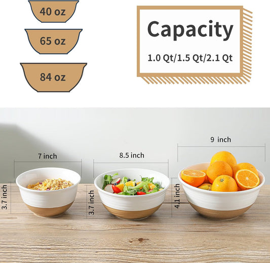Ceramic Mixing Bowls,Large Serving Bowls 2.1/1.5/1.0 Qt,Salad Bowls Set of 3 for Kitchen Space Saving Storage,Nesting Bowls for Cooking,Popcorn,Soup,Fruit, Microwave & Dishwasher Safe,White